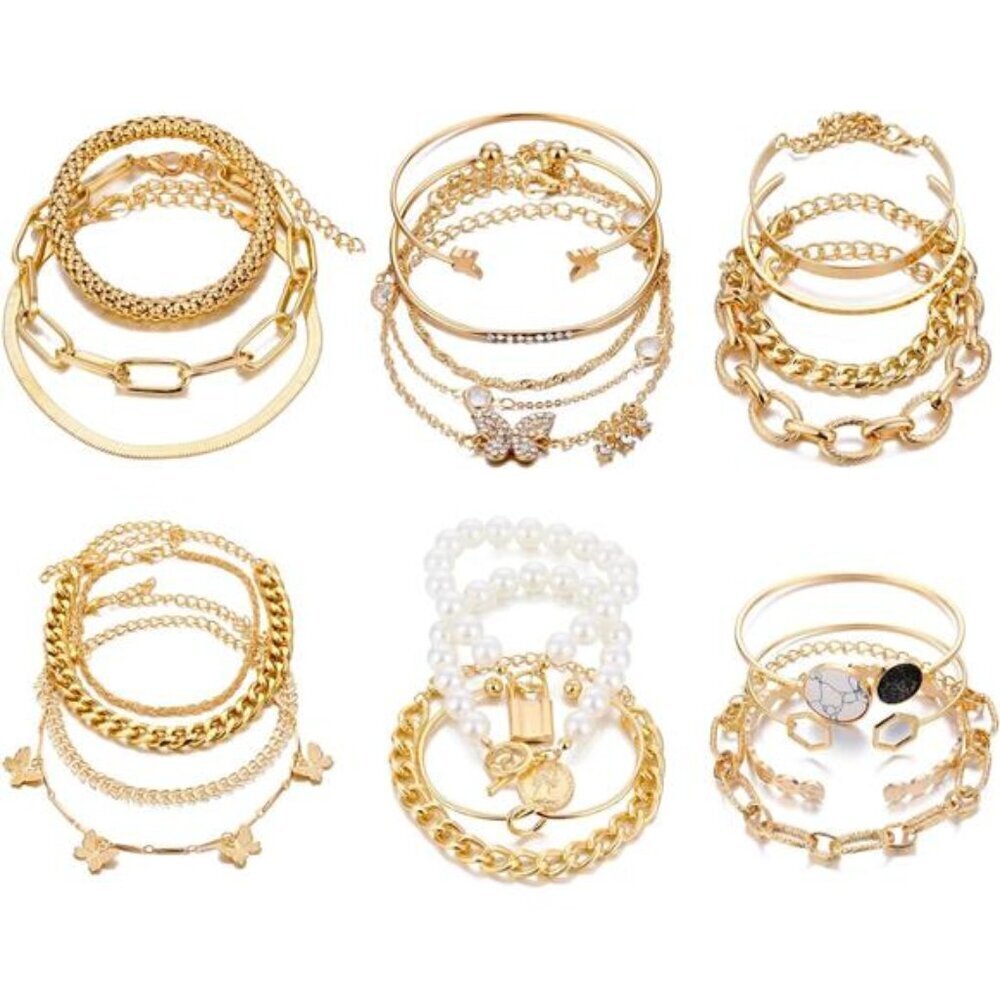 6 PACK (24 PCS) Boho Gold Chain Bracelets Set for Women, 14K Gold plated, Pearls